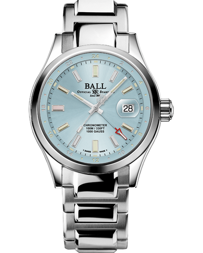 Stainless steel wristwatch with a light blue dial and date display.