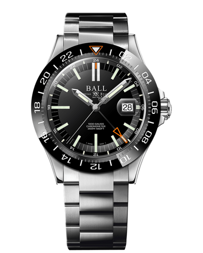 Stainless steel wristwatch with a black dial and rotating bezel.