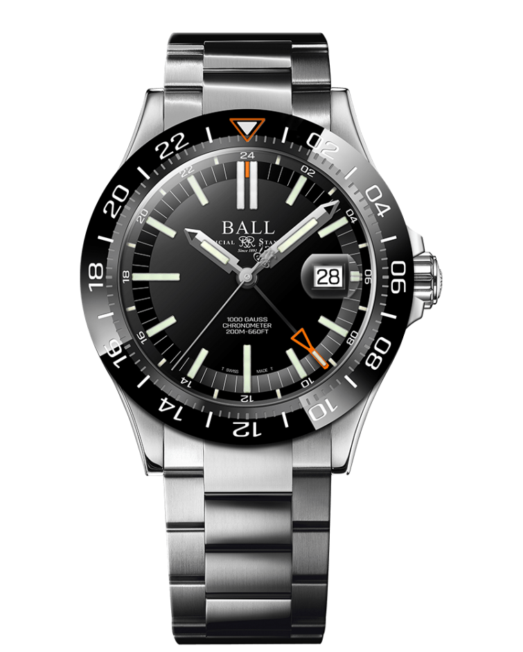 Stainless steel wristwatch with a black dial and rotating bezel.