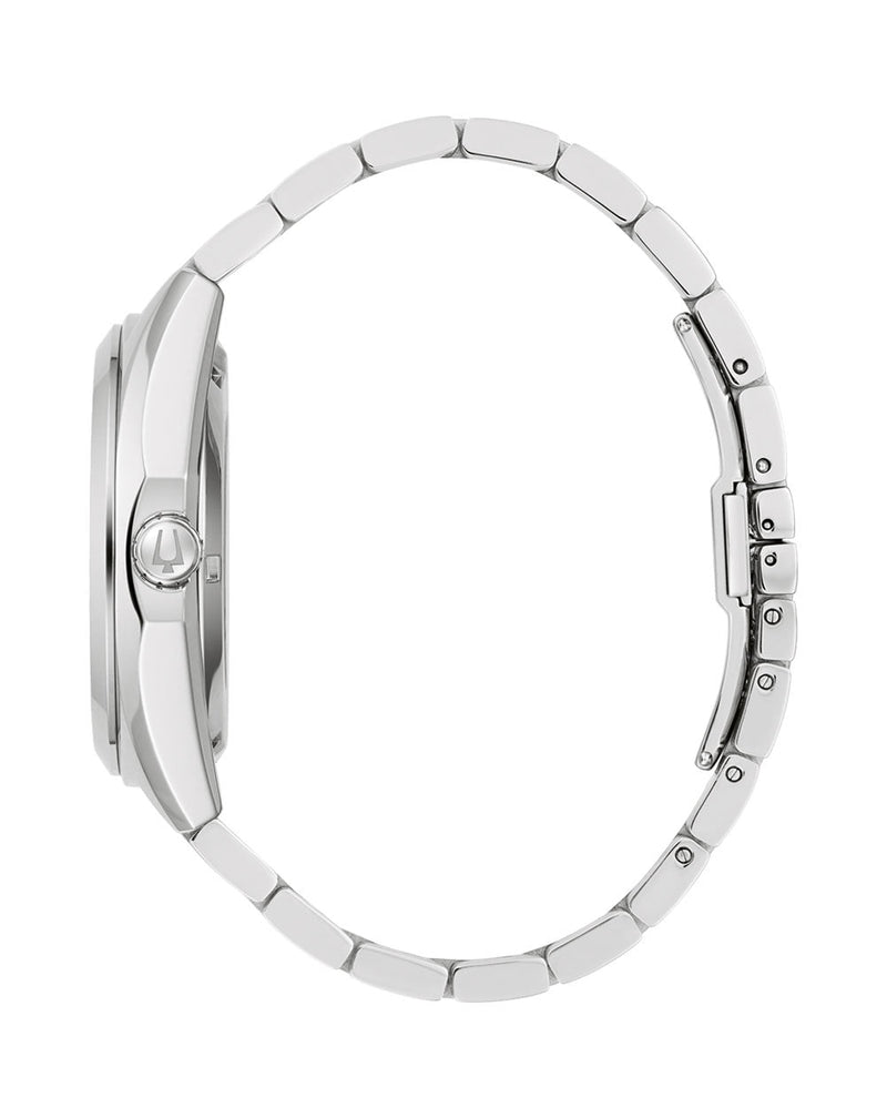 Sleek silver wristwatch with a metal bracelet band.