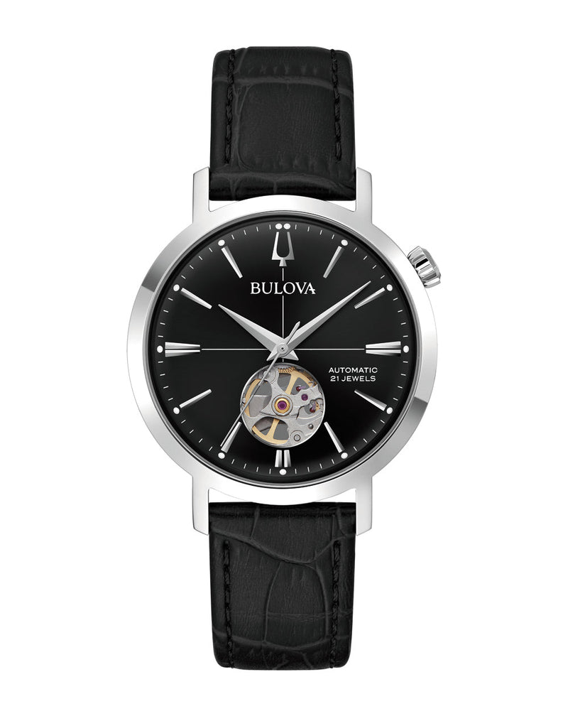Bulova Timeless Elegance Automatic Black Dial with Leather Strap Watch 96A317