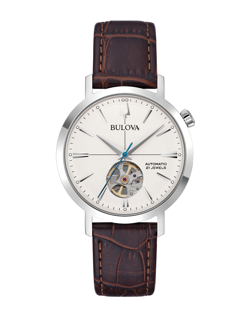 Bulova Classic Automatic Silver Tone Crown Watch with Gray Dial and Brown Leather Strap 96A318