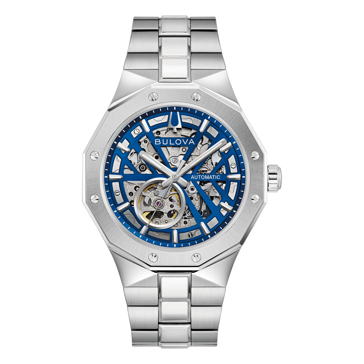 Bulova Prestige 96A352 men's automatic watch with an open blue dial, faceted silver-tone steel case and stainless steel bracelet