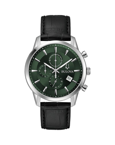 Elegant wristwatch with a green dial, silver case, and black leather strap.