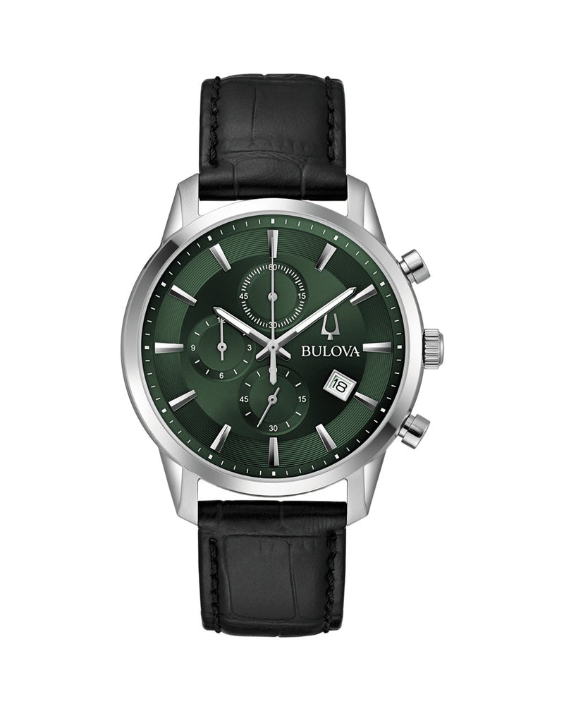 Elegant wristwatch with a green dial, silver case, and black leather strap.