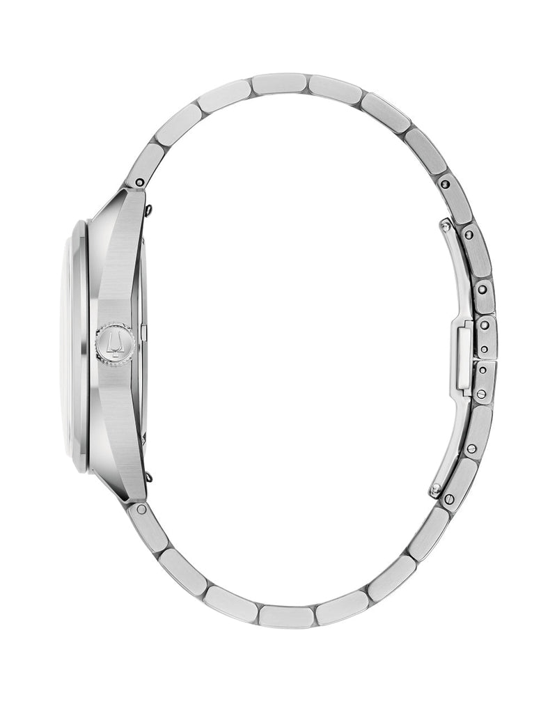 Stainless steel wristwatch with a minimalist round face and metal link bracelet.