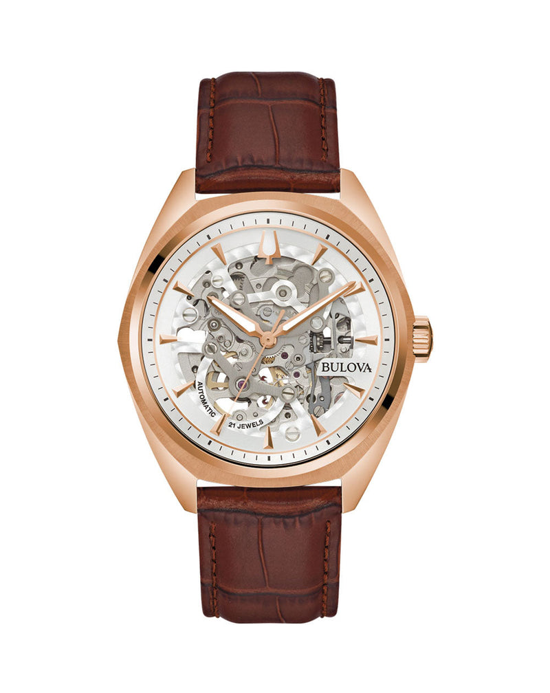 Luxury wristwatch with a skeleton dial and brown leather strap.