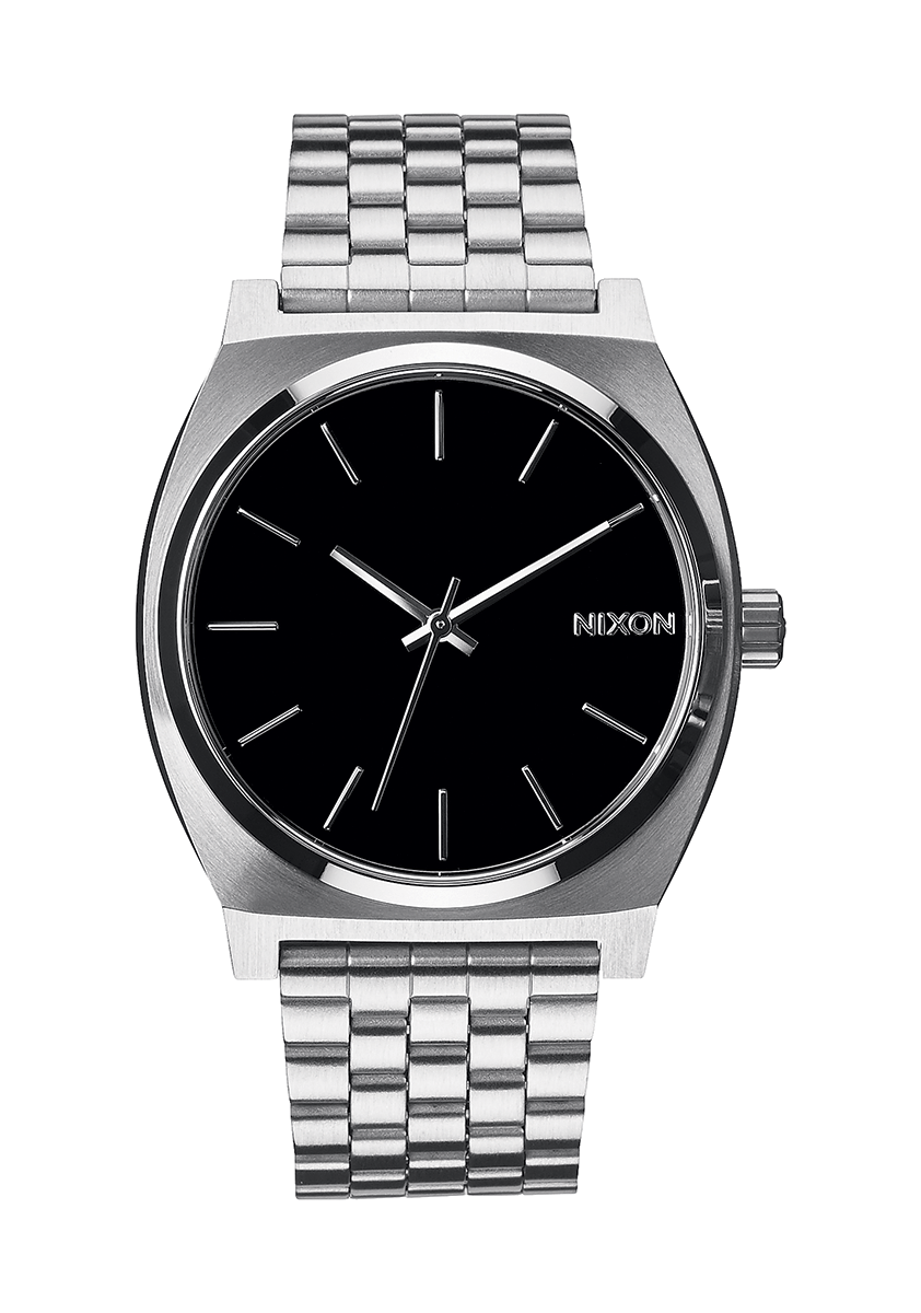 Silver wristwatch with a black dial and metal link bracelet.