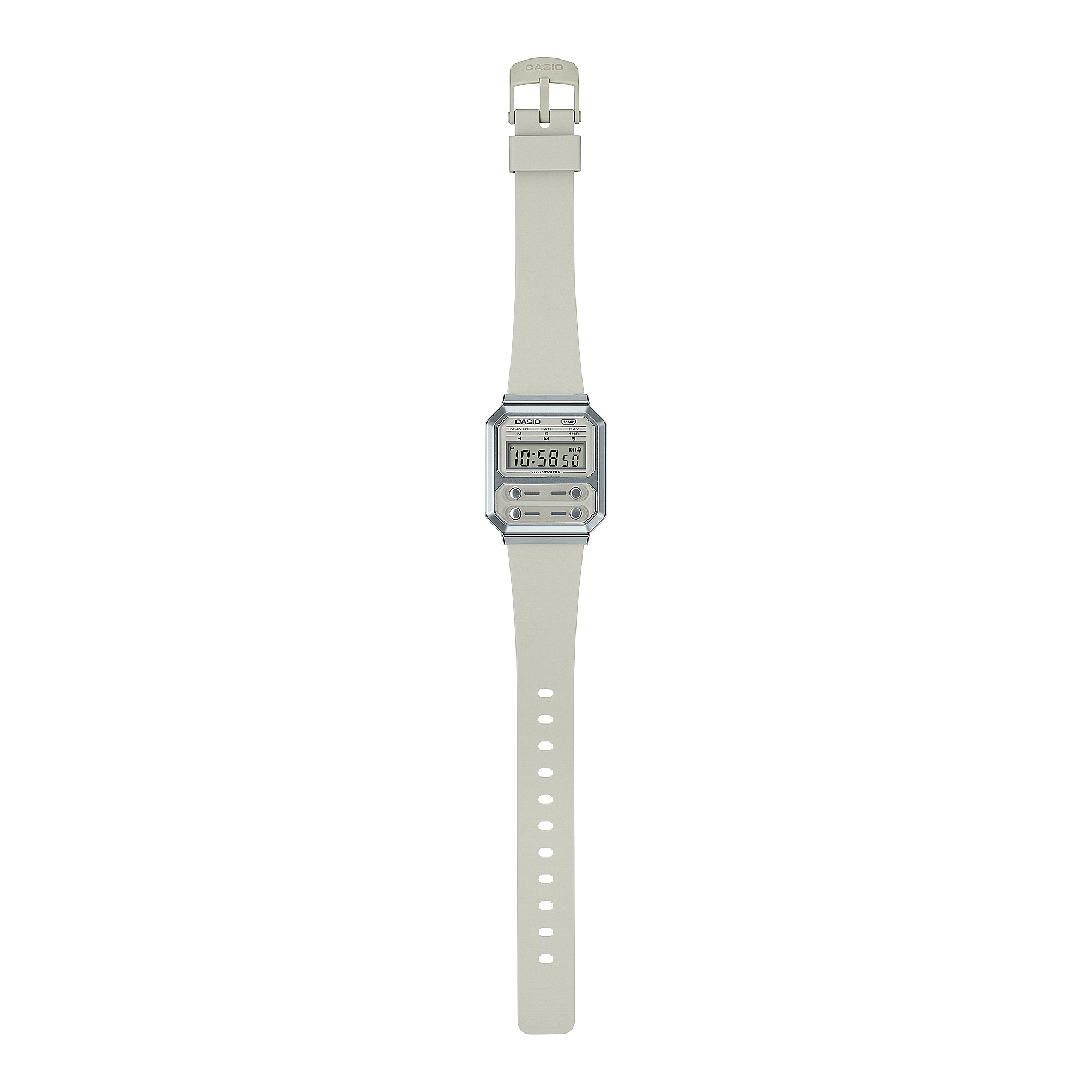 Digital wristwatch with a square face and white band.