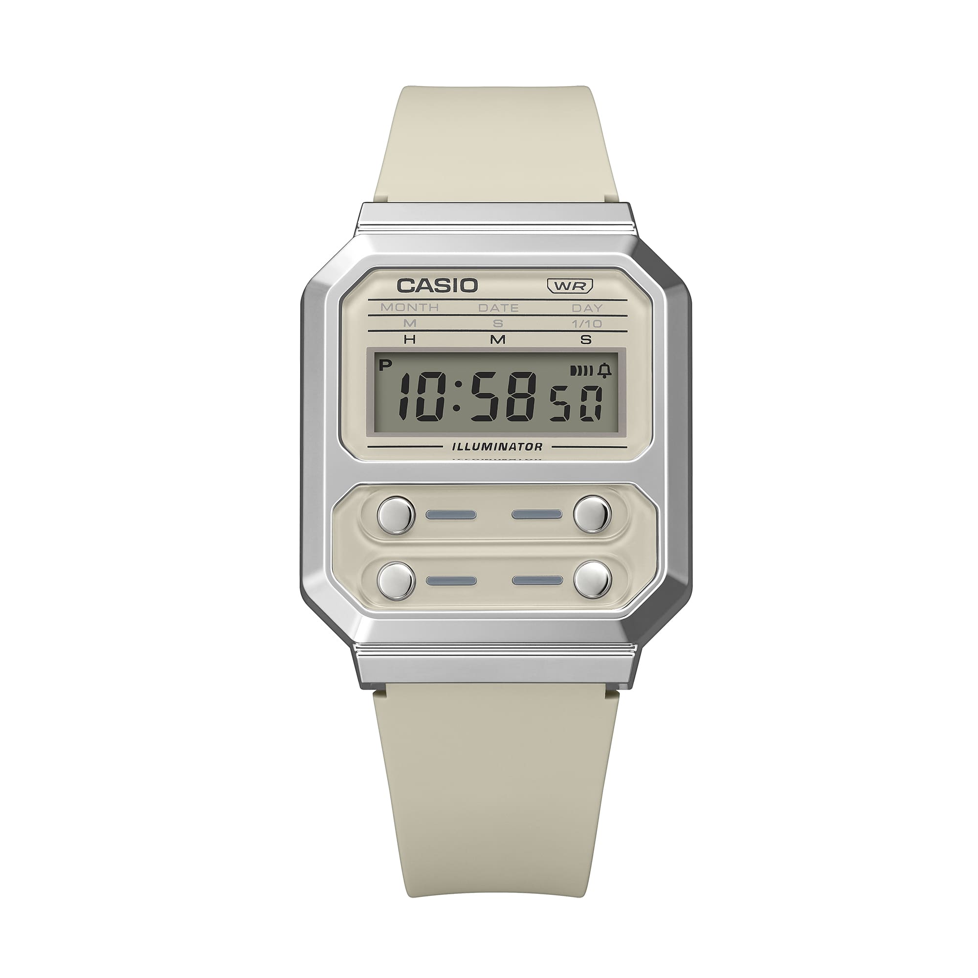 Digital Casio wristwatch with a square face and cream-colored band.