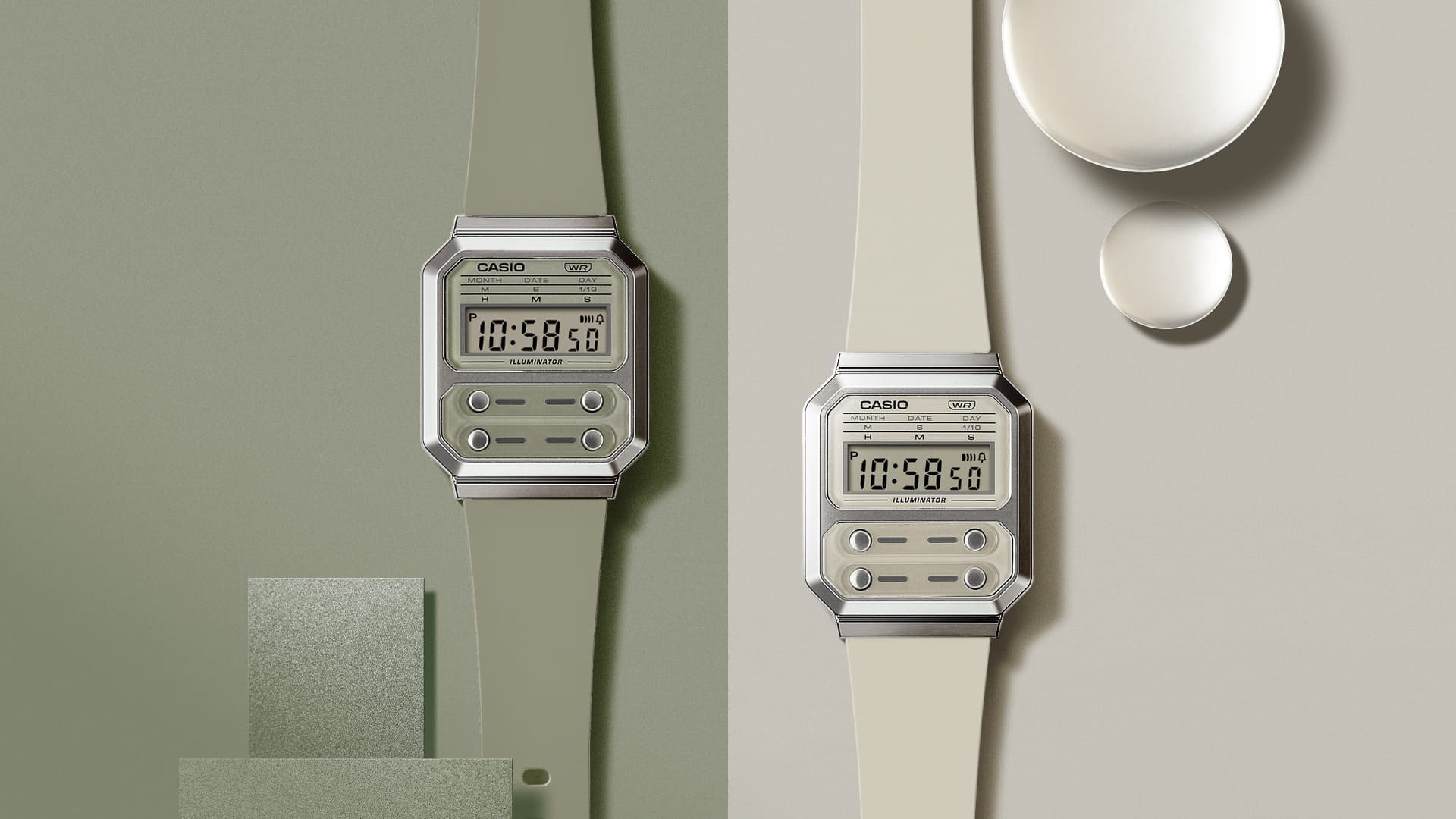 Digital wristwatch with a square face and white band.