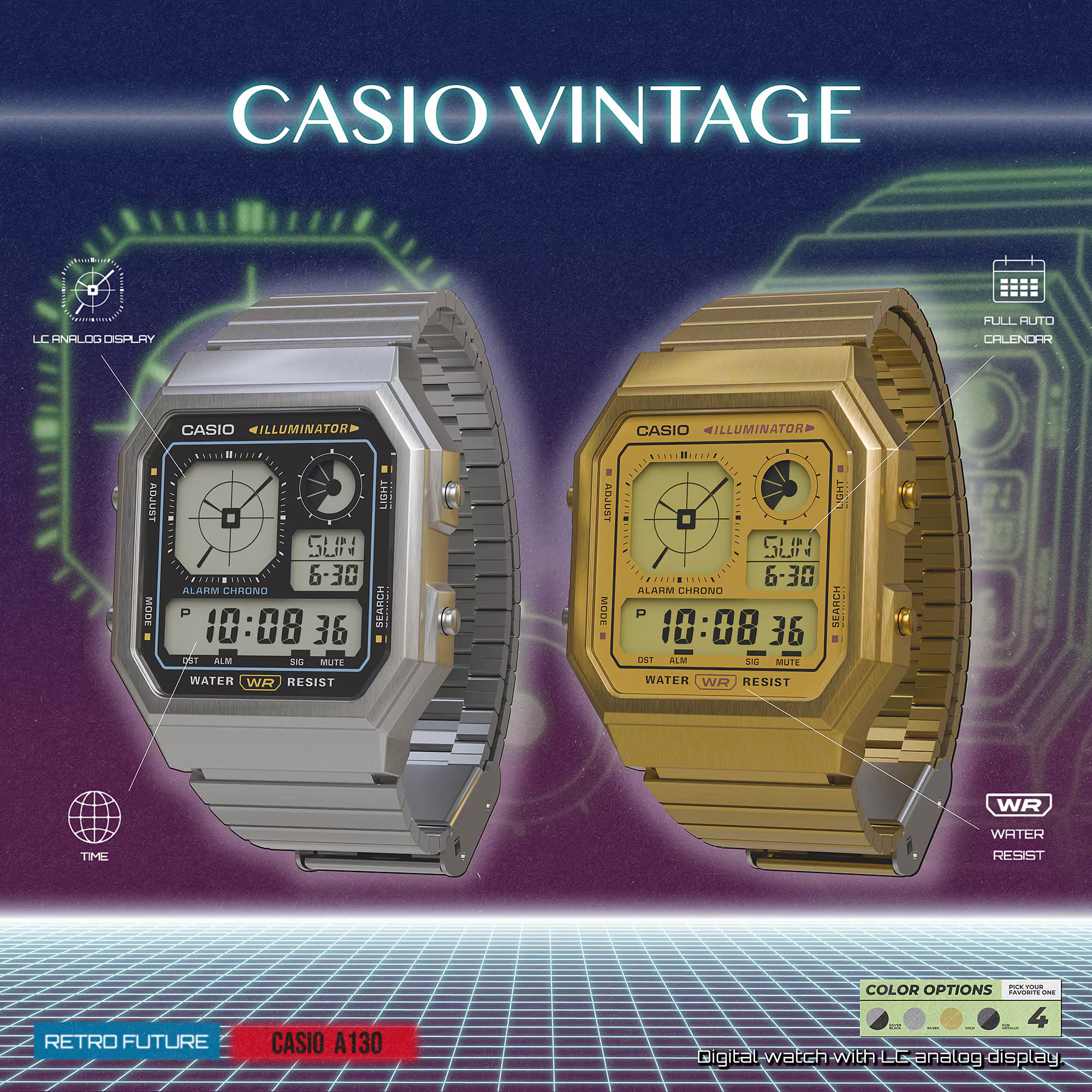 Casio Vintage Analog Display Black Stainless Steel Black Dial Watch A130WEGG-1A