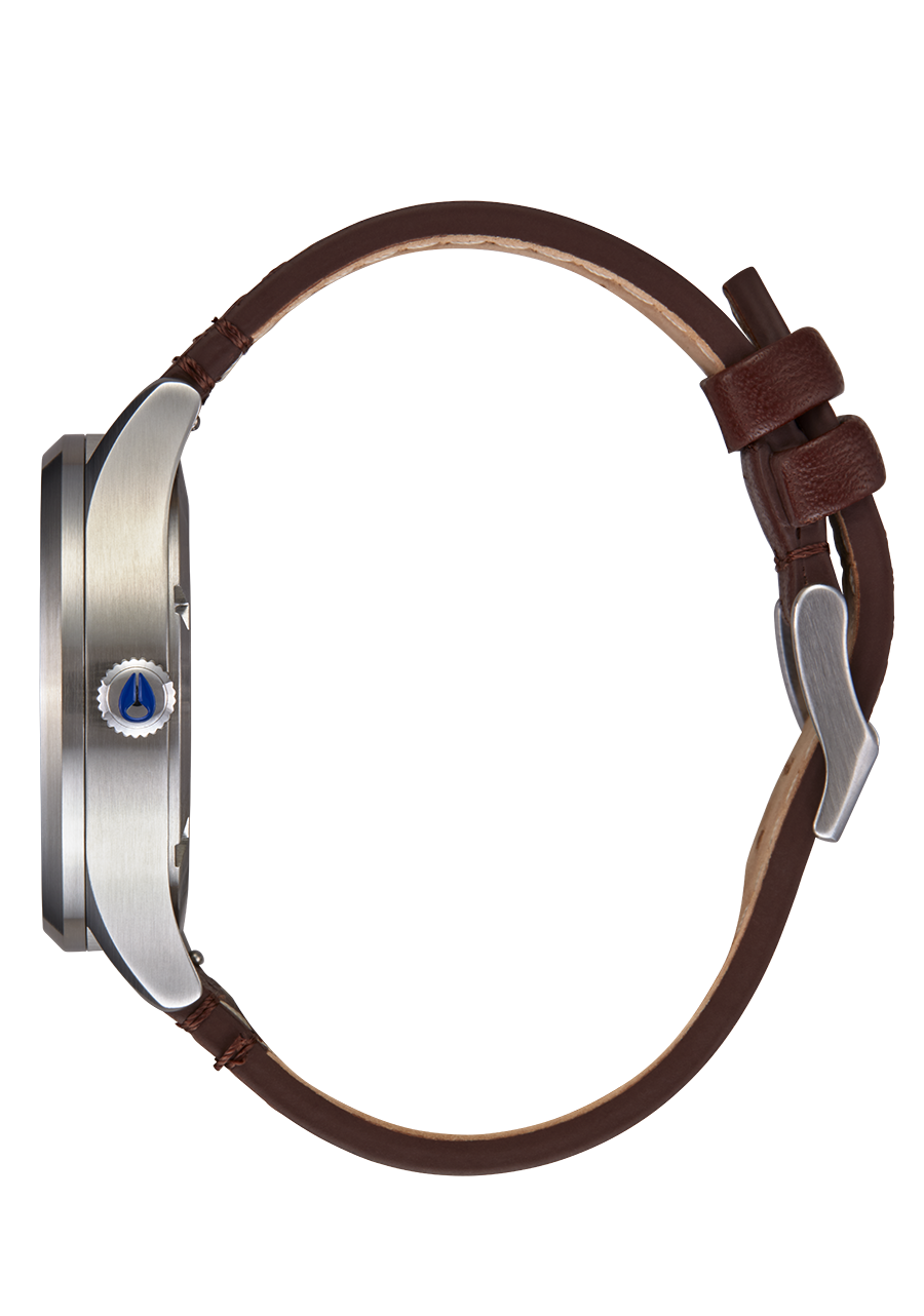 Wristwatch with a silver case and brown leather strap.