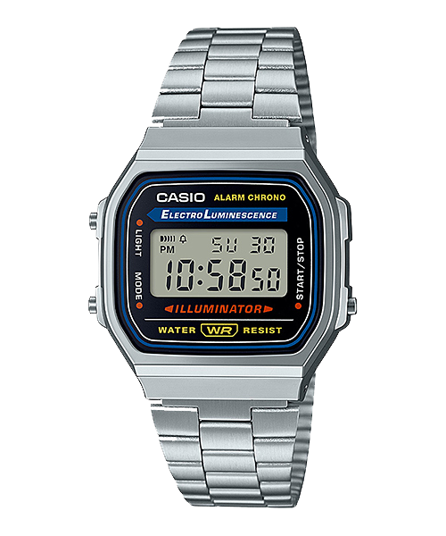 Classic Casio digital watch with a silver metal band and rectangular face displaying time and date.