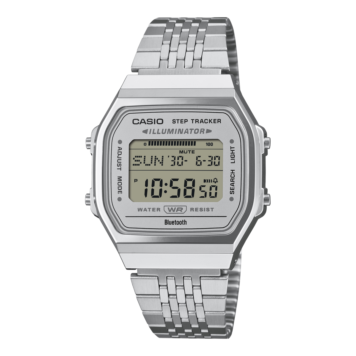 Casio Vintage Steps ABL100WE-7A white digital watch on a stainless steel bracelet, shown straight on.