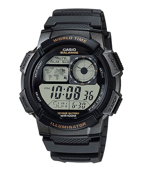 Digital sports watch with a black resin band and multiple display features.
