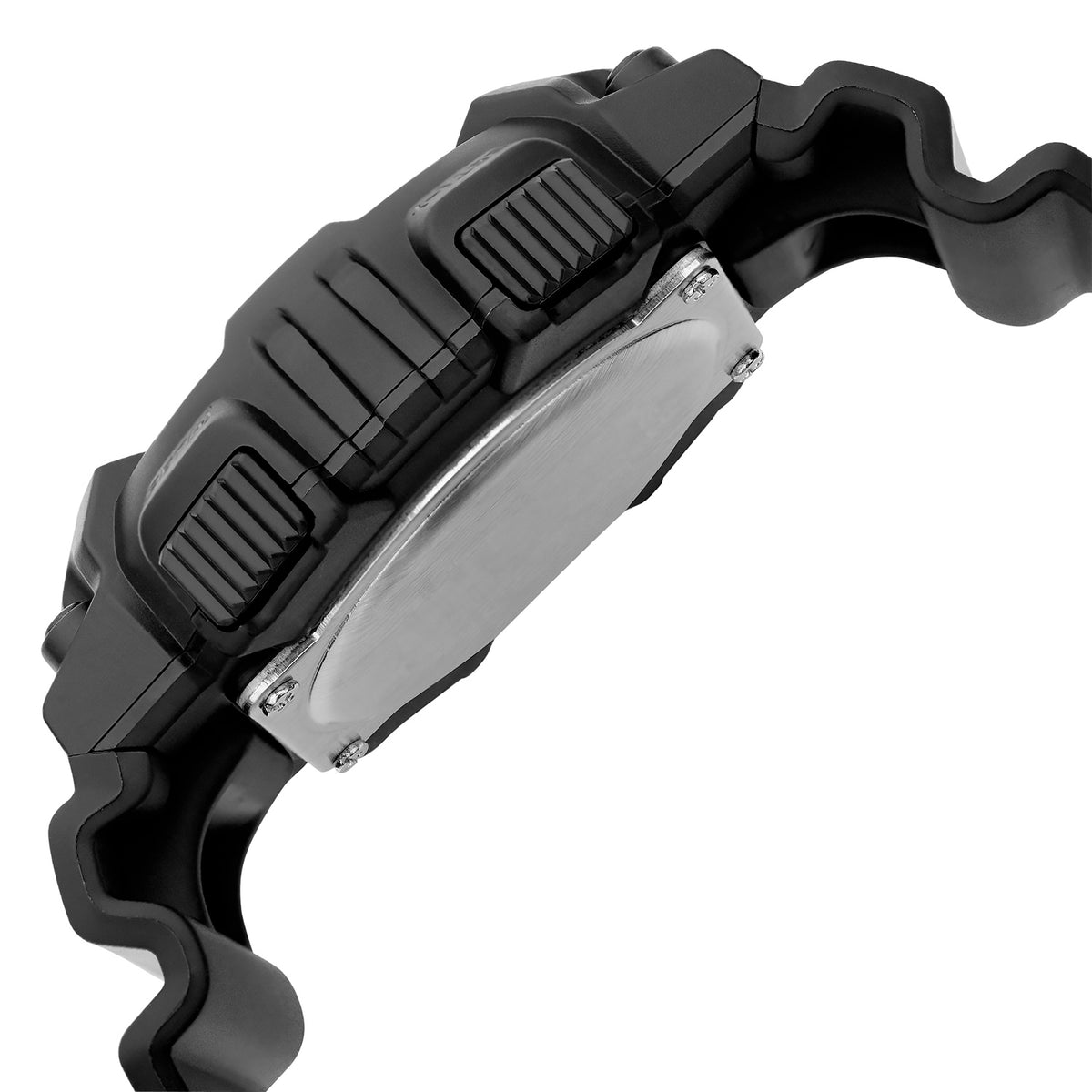 Digital sports watch with a black rubber strap and chunky design.