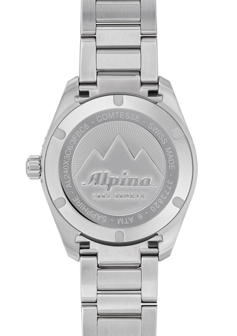 Stainless steel wristwatch with ’Alpina’ branding on its caseback.