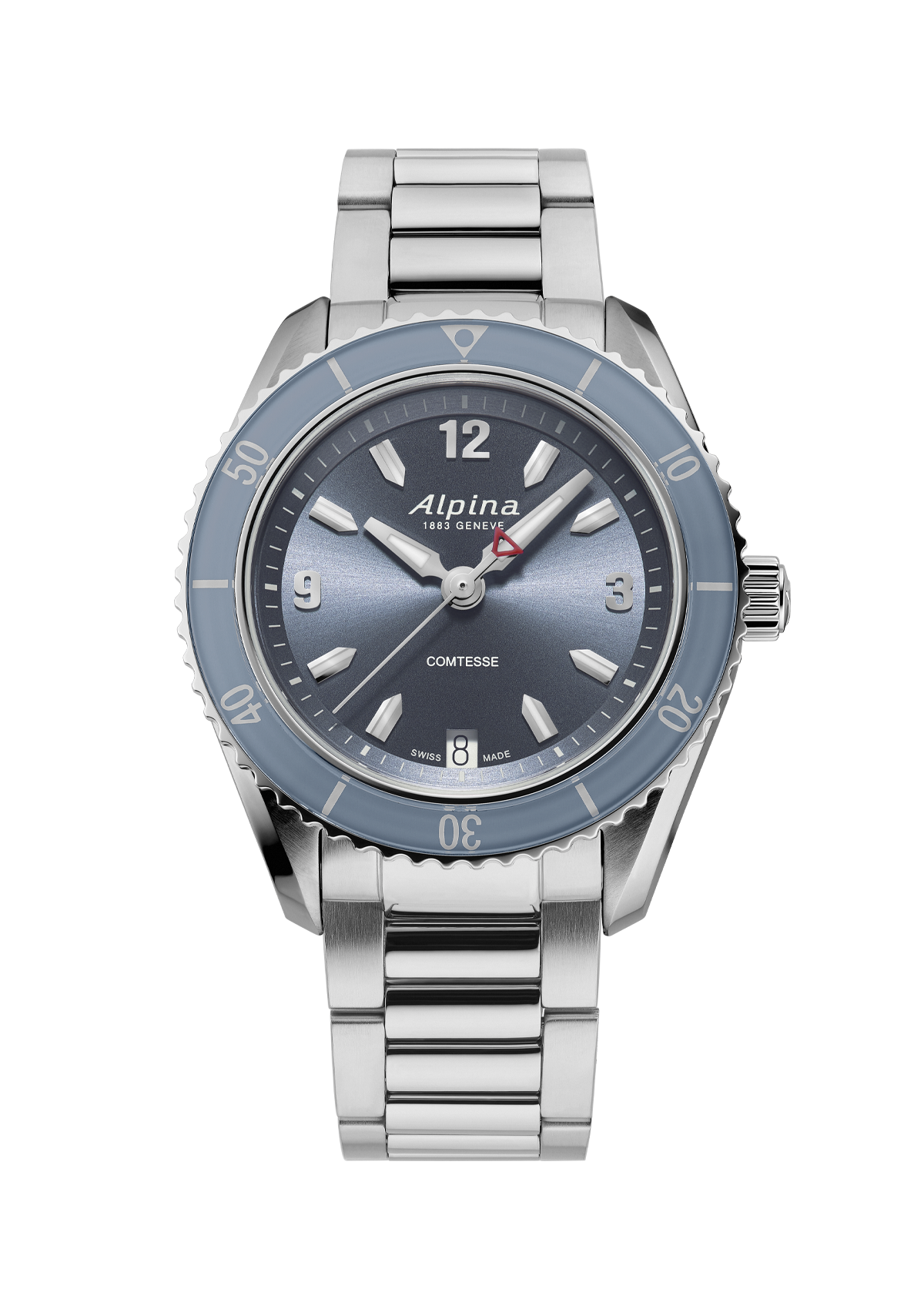 Stainless steel wristwatch with a blue-gray dial and bezel.