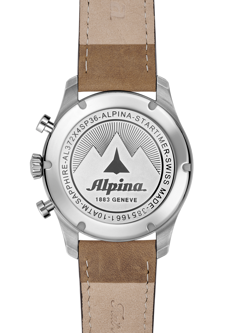 Back of a silver Alpina wristwatch with a brown leather strap.