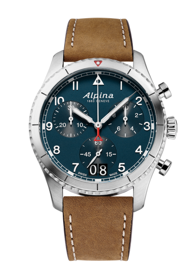 Alpina wristwatch with a blue dial, silver case, and brown leather strap.