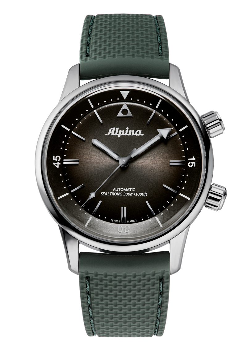 Alpina wristwatch with a green strap and dark gray dial.