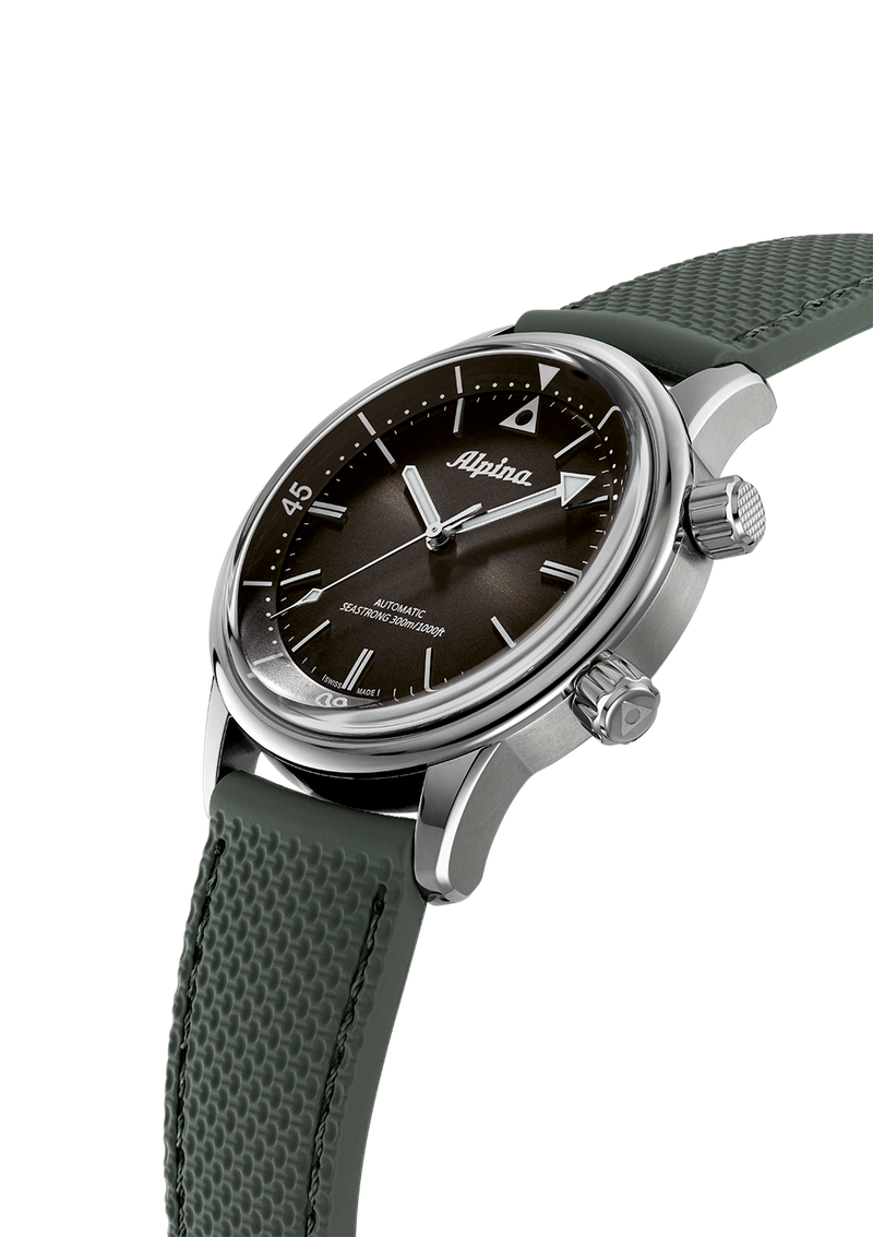 Wristwatch with a black dial and green textured strap.