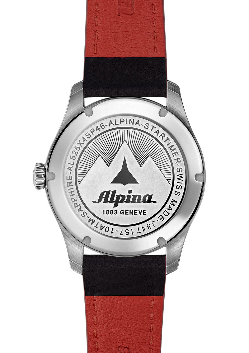 Wristwatch with a red and black leather strap and an Alpina logo on its back.