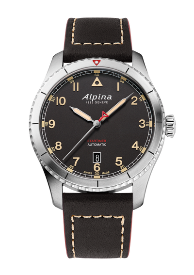 Alpina wristwatch with a black dial, silver case, and black leather strap.