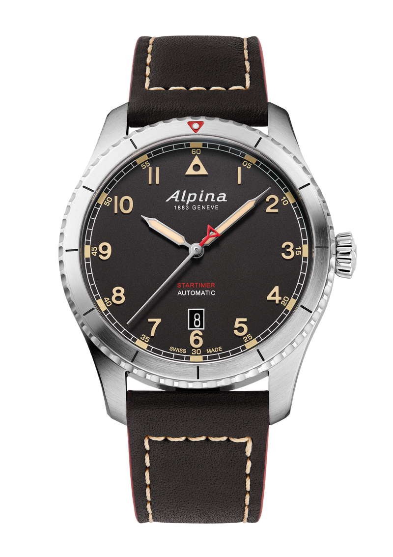 Alpina wristwatch with a black dial, silver case, and black leather strap.