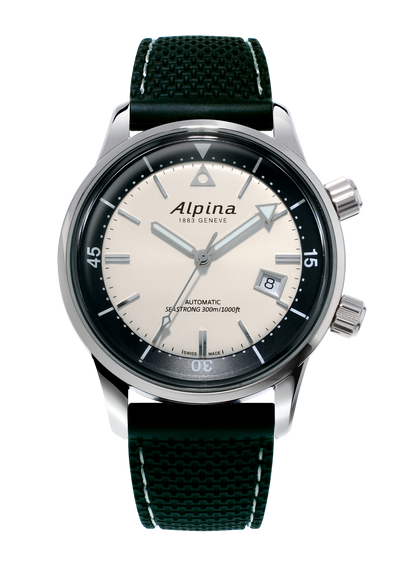 Alpina wristwatch with a black bezel, white dial, and green fabric strap.