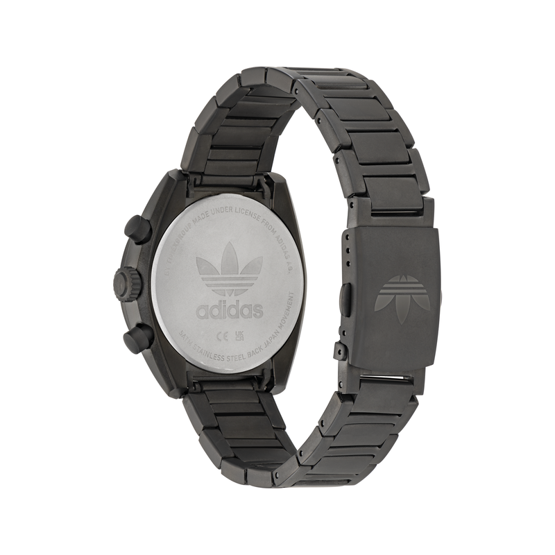 Black metal wristwatch with the Adidas logo on its back.