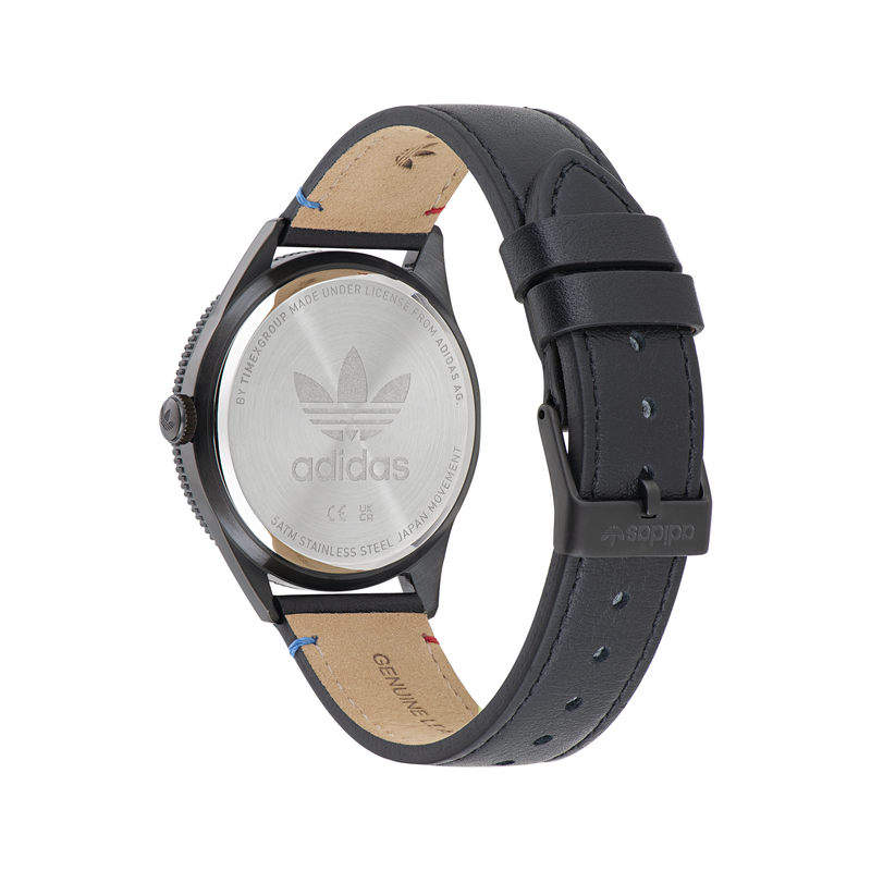 Adidas wristwatch with a black leather strap and silver-toned case back.