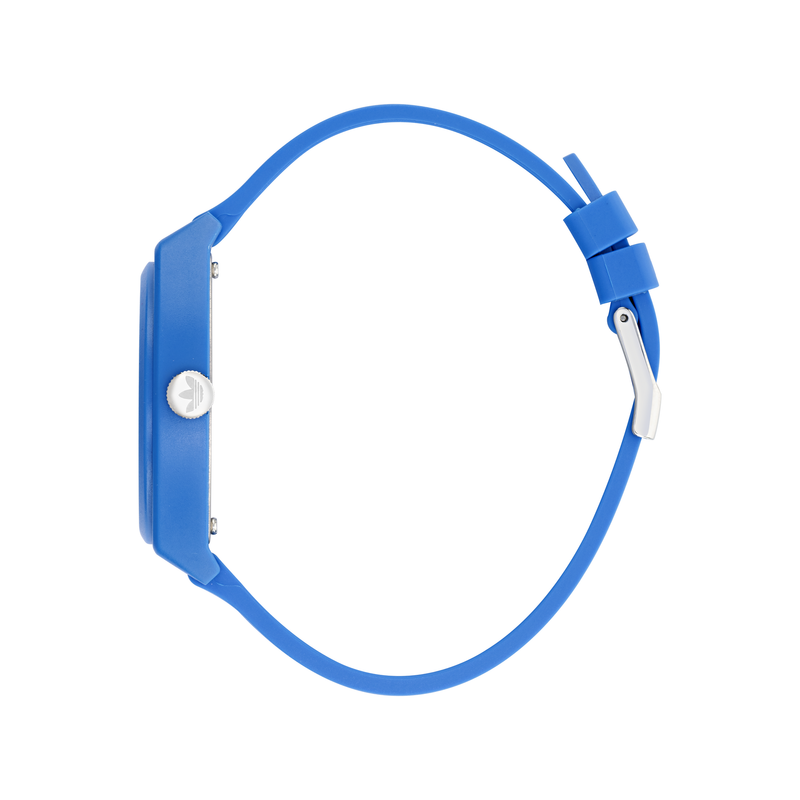 Blue wristwatch with a simple, minimalist design and a round face.