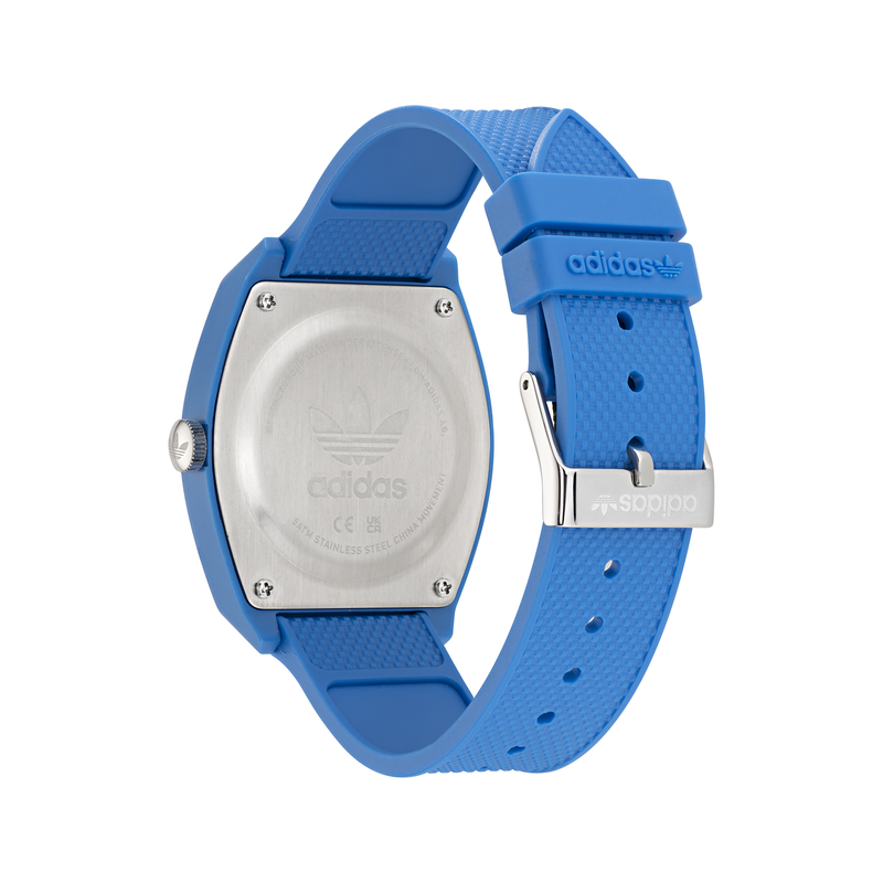 Blue wristwatch with a rectangular silver case back and rubber strap.