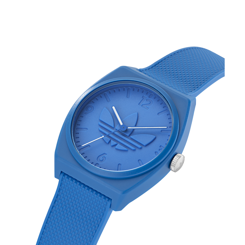 Blue wristwatch with an Adidas logo on the face.