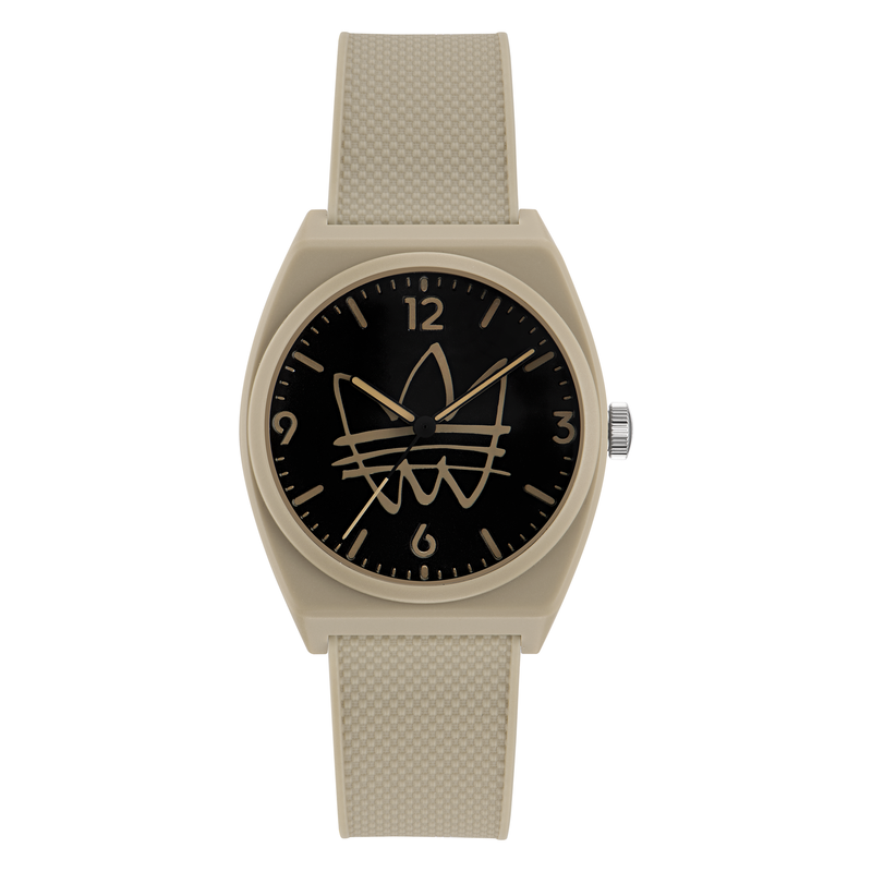 Beige wristwatch with a black dial featuring the Adidas trefoil logo.