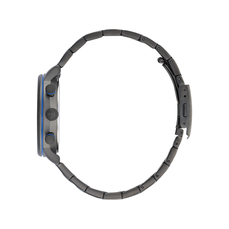 Sleek gray smartwatch with a blue-rimmed display and metal link band.