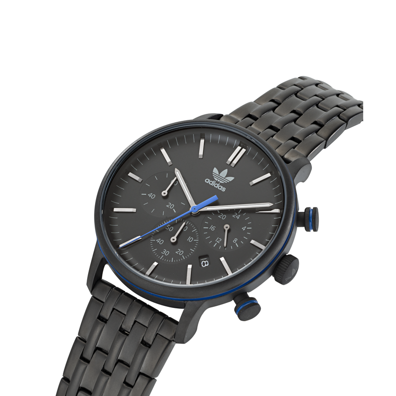 Black wristwatch with a metal band and blue accents on the dial and crown.