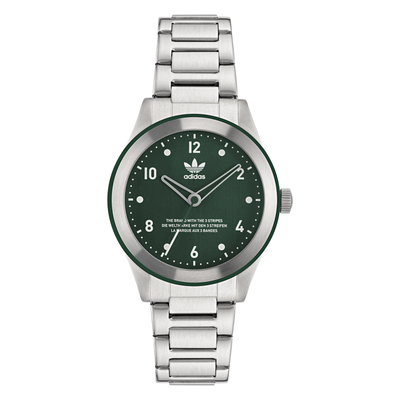 Silver wristwatch with a green dial featuring the Adidas logo.