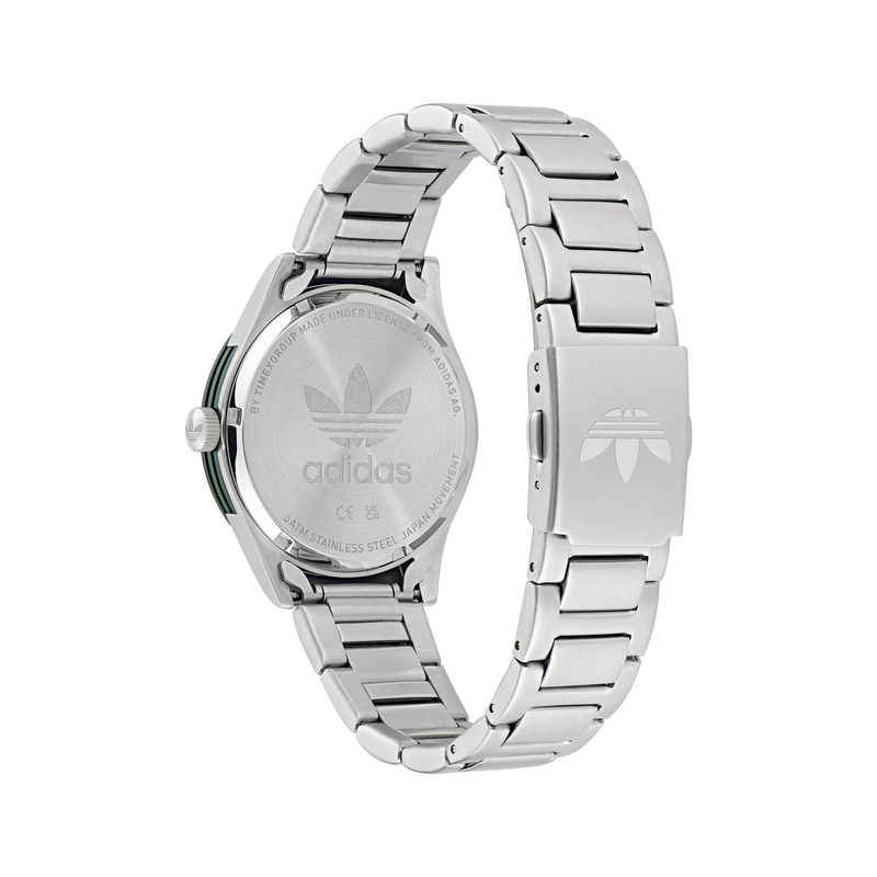 Silver stainless steel wristwatch with the Adidas logo on its back.