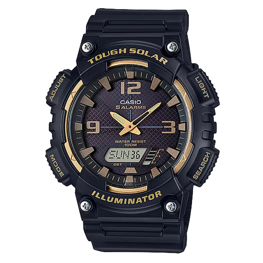 Rugged black and gold Casio wristwatch with ’Tough Solar’ and ’Illuminator’ features.