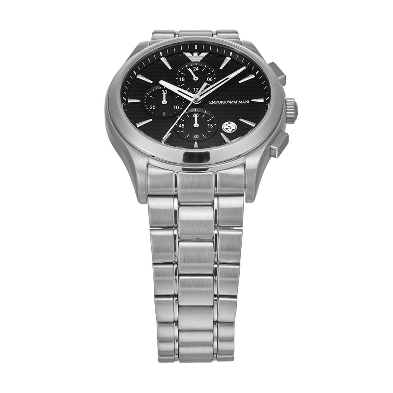 Emporio Armani Silver Steel Watch with Black Dial and Chronograph AR11602