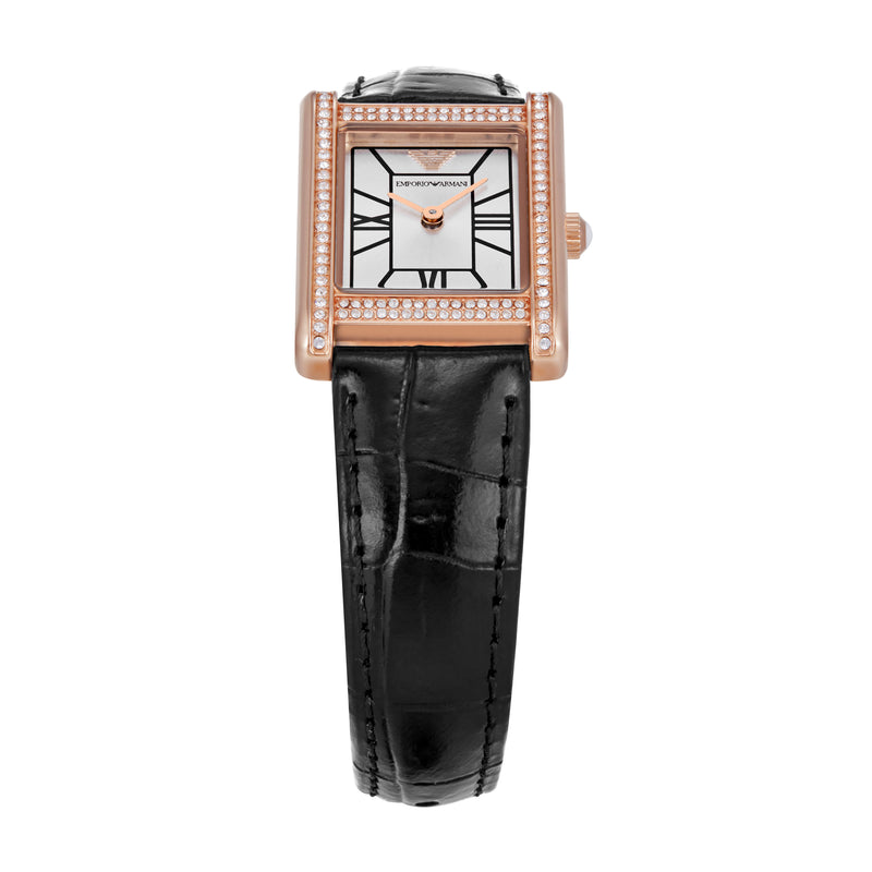 Emporio Armani Two-Hand Silver Dial Black Leather Strap Watch AR11624