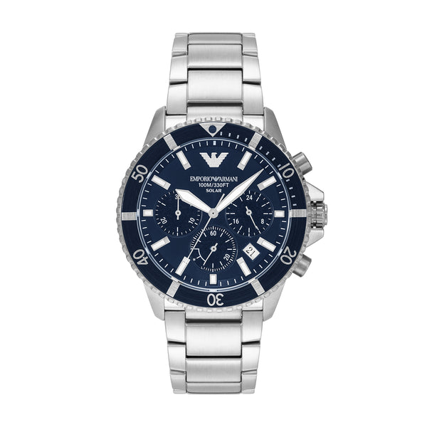 Emporio Armani World Explorer Solar Blue Dial Stainless Steel Watch AR