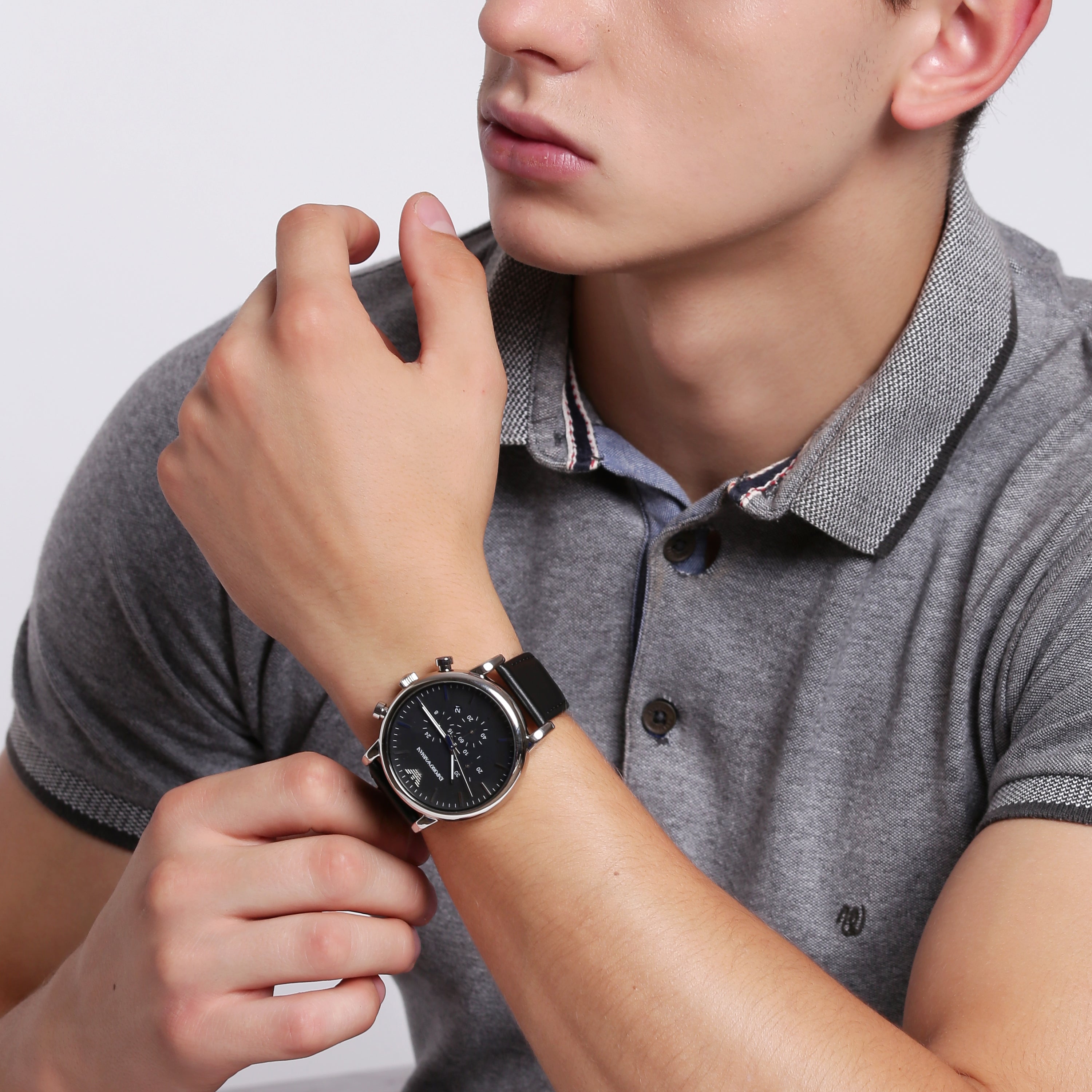Emporio Armani Timeless Black Leather Chronograph Watch AR1828