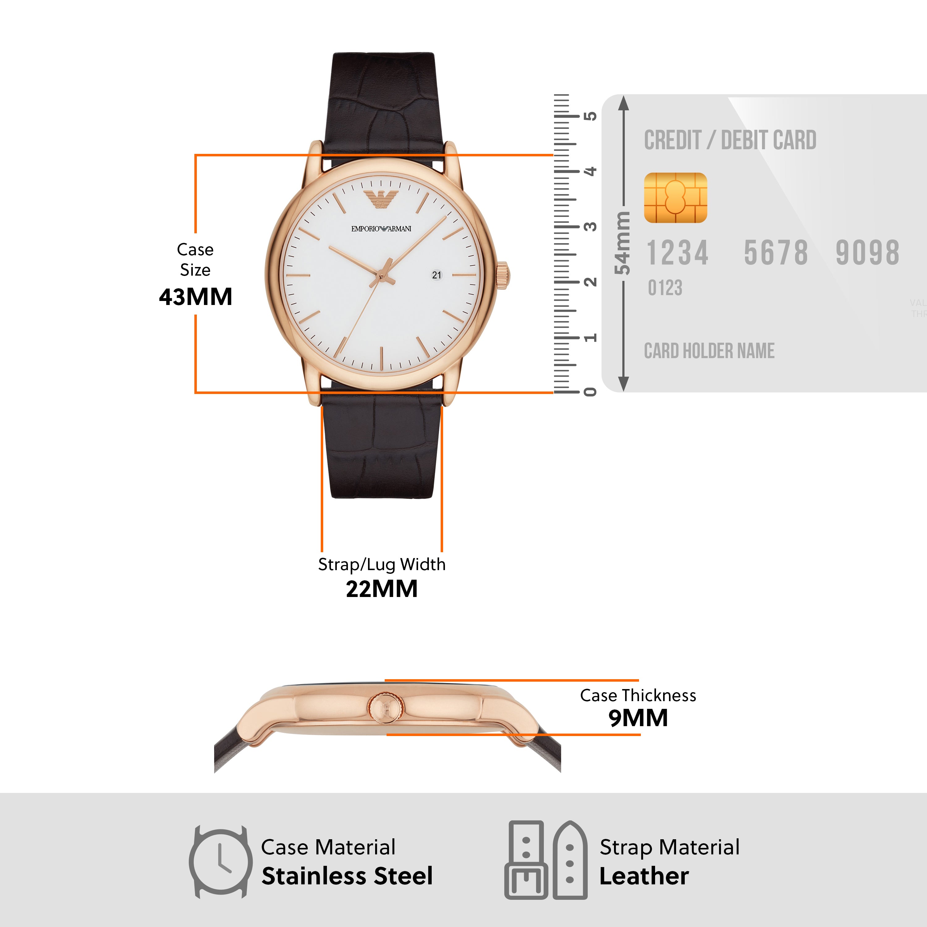 Elegant wristwatch with a rose gold case, white dial, and brown leather strap.