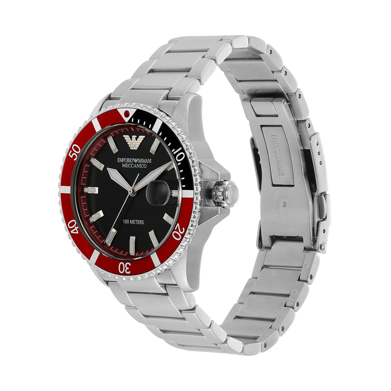 Armani Elegant Silver Steel Diver Watch with Black Dial AR60074