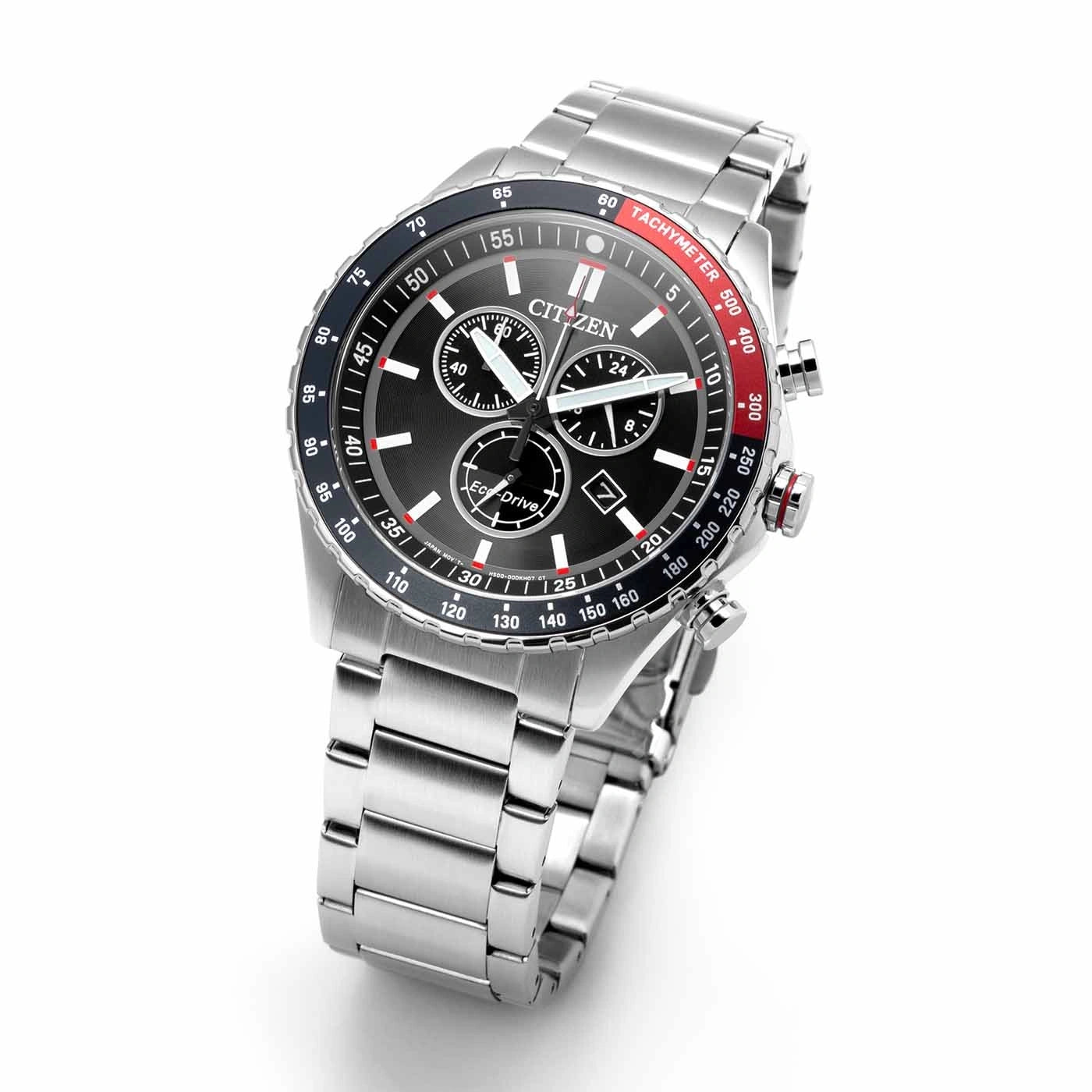 Citizen Chrono Sporty AT2566-88E men's watch black dial silver stainless steel bracelet angled view