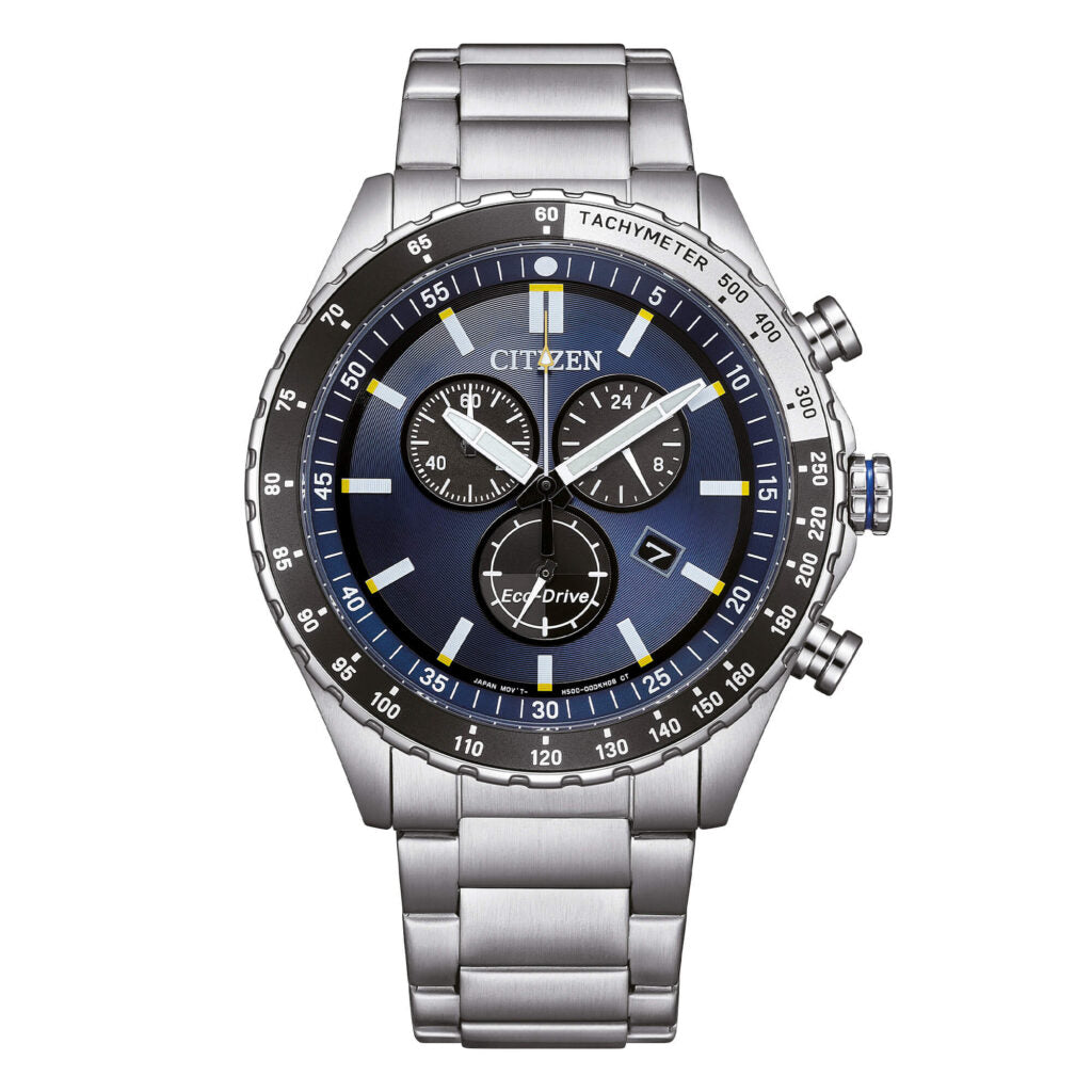 Citizen AT2569-80L blue dial chronograph on steel bracelet, high-resolution front product shot on plain white